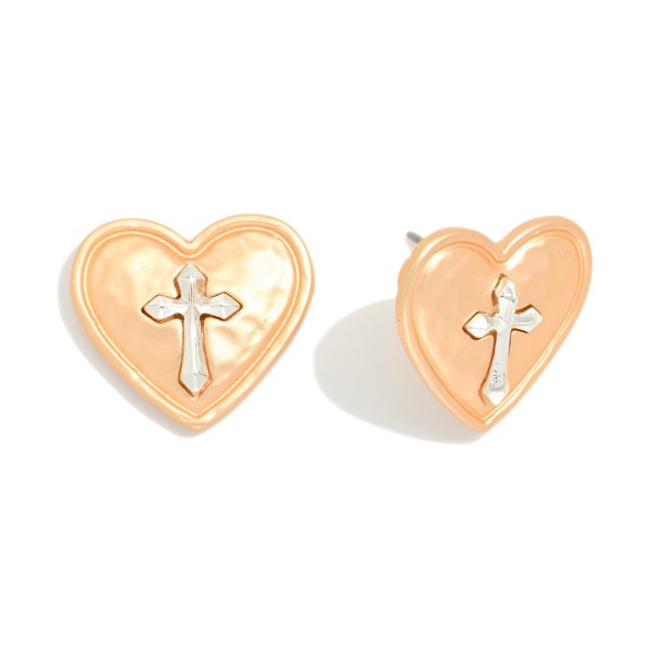 Hammered Metal Heart Post Drop Earrings Featuring Cross Detail 

- Approximately .5" L