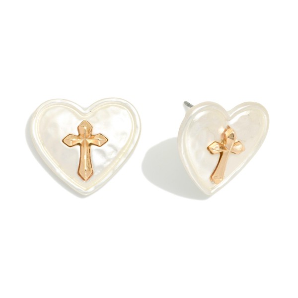 Hammered Metal Heart Post Drop Earrings Featuring Cross Detail 

- Approximately .5" L