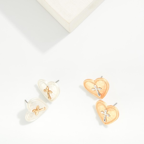 Hammered Metal Heart Post Drop Earrings Featuring Cross Detail 

- Approximately .5" L