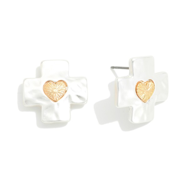 Hammered Metal Plus Cross Earrings Featuring Textured Heart Detail 

- Approximately .75" L