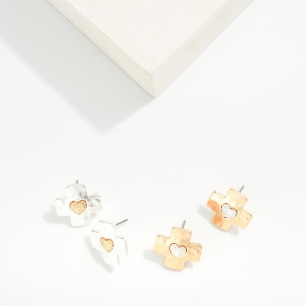 Hammered Metal Plus Cross Earrings Featuring Textured Heart Detail 

- Approximately .75" L