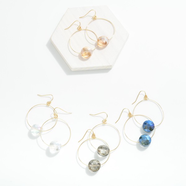 Metal Tone Wire Hoop Drop Earrings Featuring Glass Crystal Detail 

- Approximately 1.5" L 