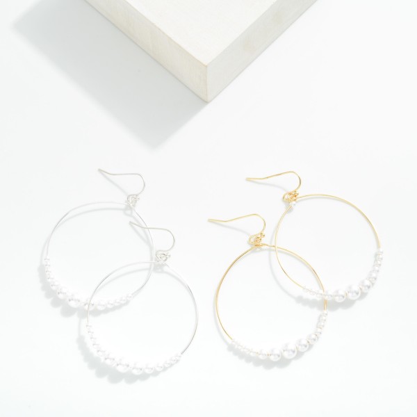 Metal Tone Wire Hoop Drop Earrings Featuring Beaded Pearls Detail 

- Approximately 1.75" L
