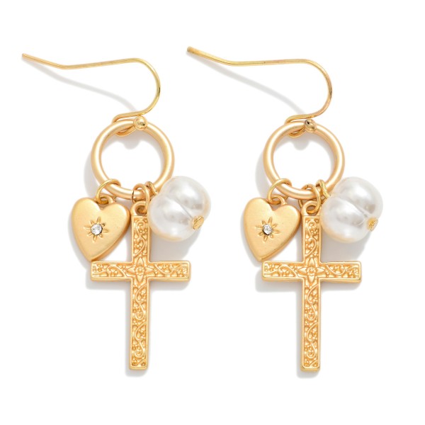 Metal Tone Hoop Drop Earrings Featuring Cross, Pearl, & Heart Charms

- Approximately 1.25" L