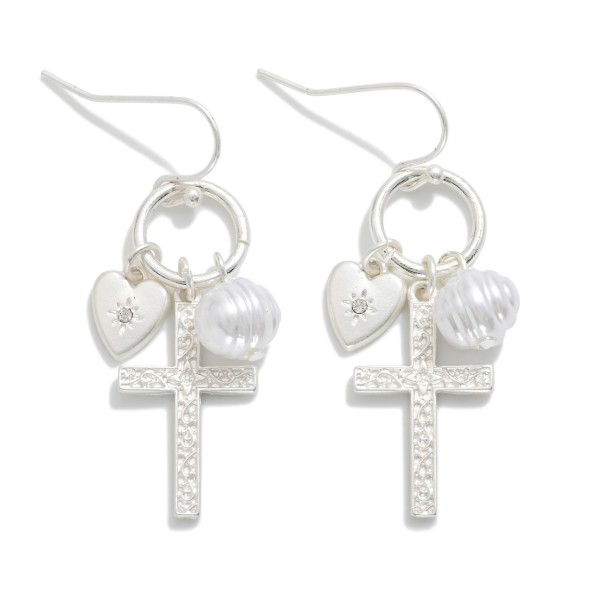 Metal Tone Hoop Drop Earrings Featuring Cross, Pearl, & Heart Charms

- Approximately 1.25" L