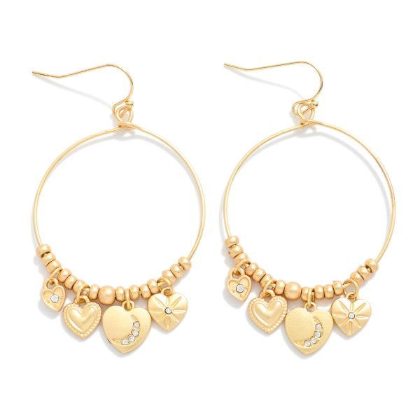 Metal Tone Wire Drop Hoop Earrings Featuring Metal Tone Beads & Heart Charms 

- Approximately 1.5" L