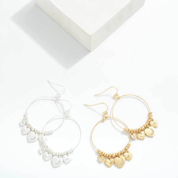 Metal Tone Wire Drop Hoop Earrings Featuring Metal Tone Beads & Heart Charms 

- Approximately 1.5" L