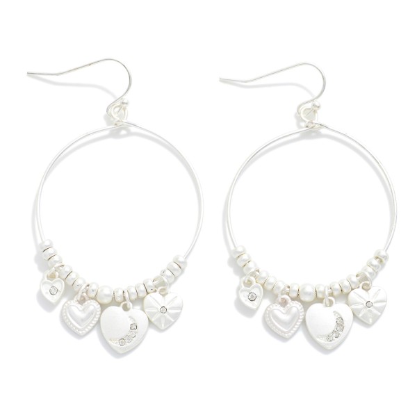Metal Tone Wire Drop Hoop Earrings Featuring Metal Tone Beads & Heart Charms 

- Approximately 1.5" L