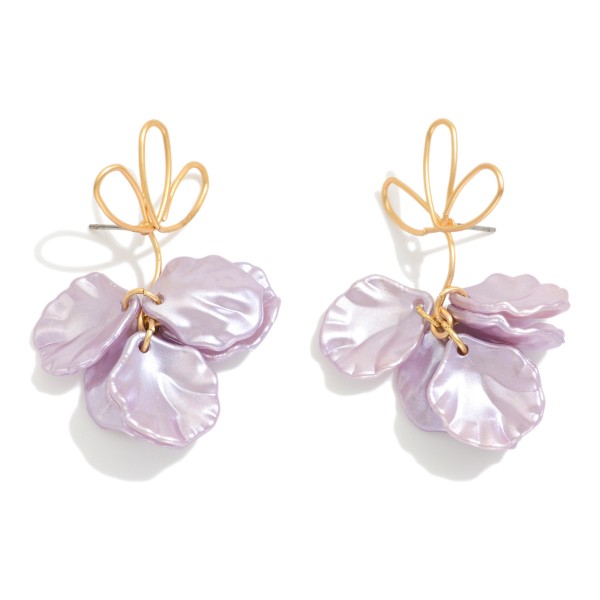 Twisted Metal Flower Shaped Post Drop Earring Linked With Pearl Flower Petals Dangle Detail 

- Approximately 2" L 