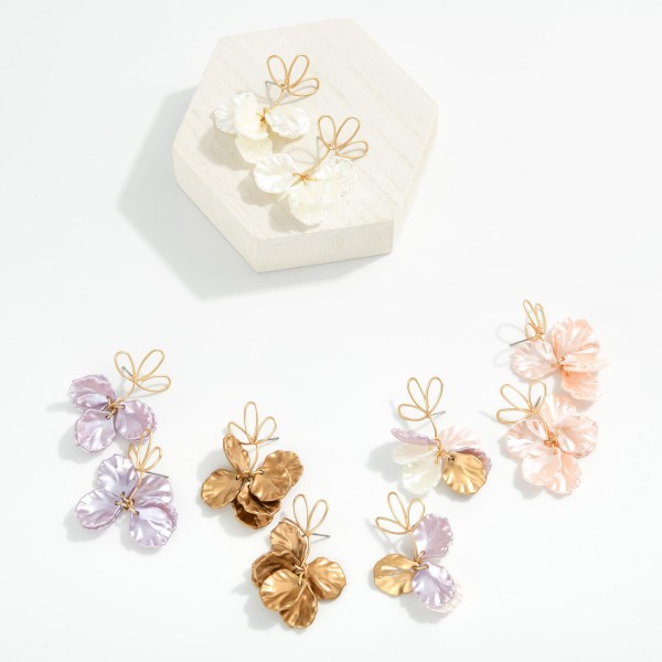 Twisted Metal Flower Shaped Post Drop Earring Linked With Pearl Flower Petals Dangle Detail 

- Approximately 2" L 