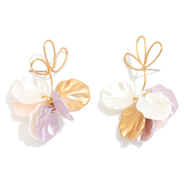 Twisted Metal Flower Shaped Post Drop Earring Linked With Pearl Flower Petals Dangle Detail 

- Approximately 2" L 