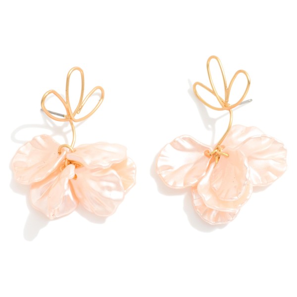 Twisted Metal Flower Shaped Post Drop Earring Linked With Pearl Flower Petals Dangle Detail 

- Approximately 2" L 