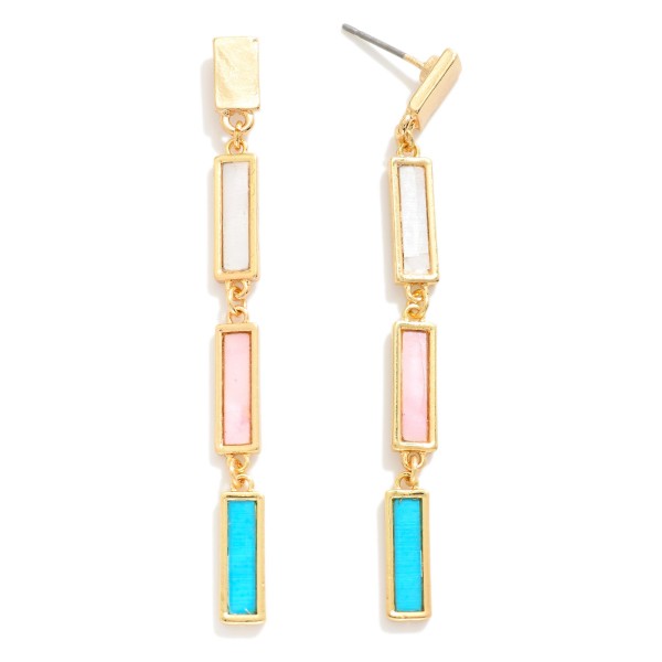 Metal Tone Linked Pearlescent Rectangular Drop Earrings 

- Approximately 2.75" L