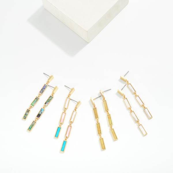 Metal Tone Linked Pearlescent Rectangular Drop Earrings 

- Approximately 2.75" L