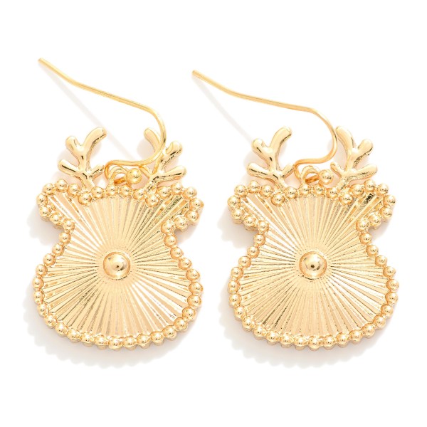 Metal Tone Reindeer Shaped Drop Earring Featuring Textured Ridged Pattern With Beaded Border 

- Approximately 1.5" L 