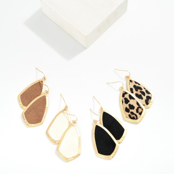 Vegan Leather Gold Tone Geometric Shaped Drop Earring 

- Approximately 2" 