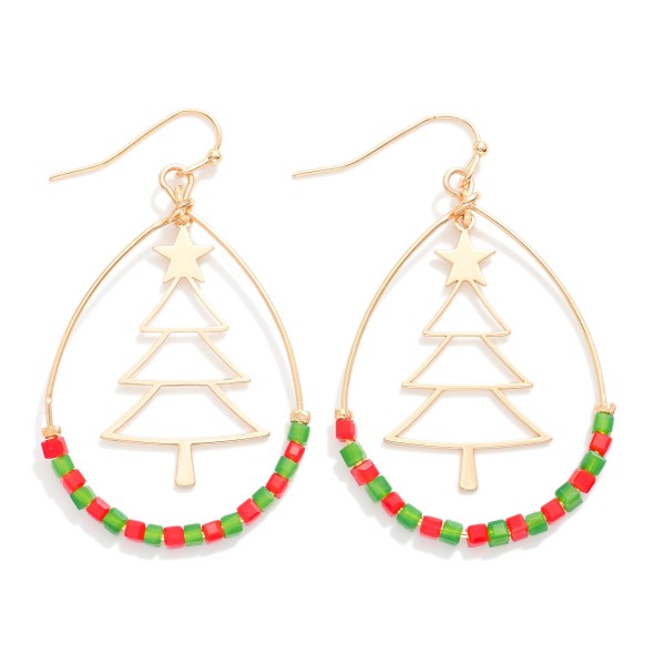 Beaded Teardrop Earrings Featuring Metal Tone Christmas Tree Detail 

- Approximately 2" L