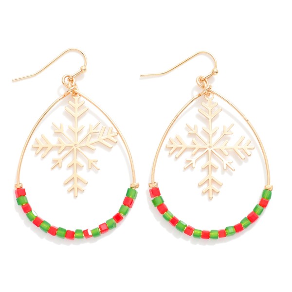 Beaded Teardrop Earrings Featuring Metal Tone Snowflake Detail 

- Approximately 2" L