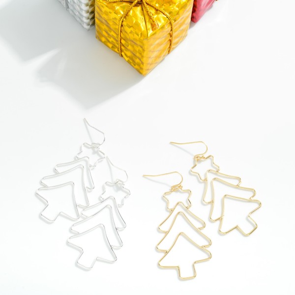Metal Tone Wire Christmas Tree Drop Earrings 
- Approximately 2" L
