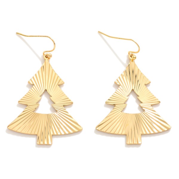 Metal Tone Christmas Shaped Drop Earring Featuring Textured Ridged Patten 

- Approximately 2" L 