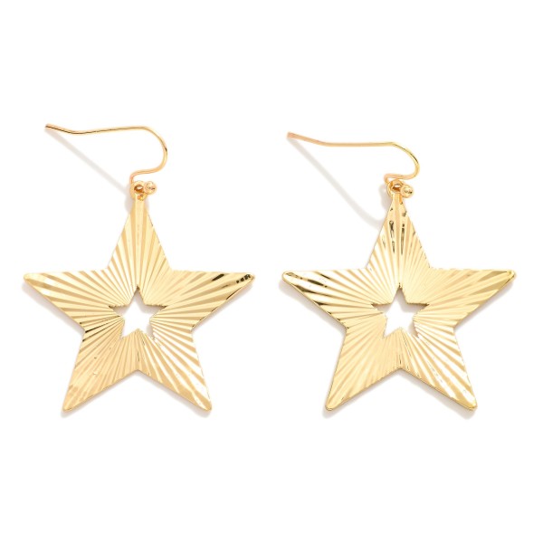Metal Tone Star Shaped Drop Earring Featuring Textured Ridged Patten 

- Approximately 2.75" L 
