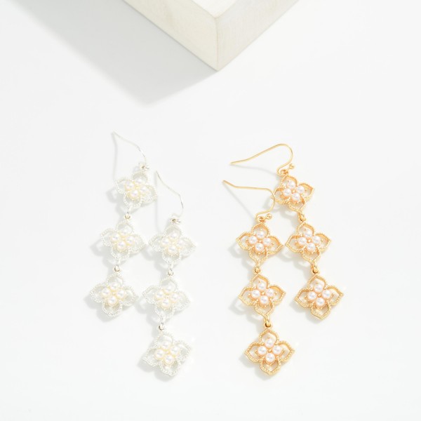 Linked Metal Tone & Pearl Clovers Drop Earrings 

- Approximately 2" L