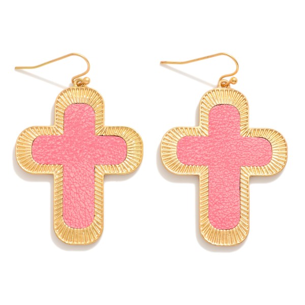 Vegan Leather Gold Tone Cross Shaped Drop Earring 

- Approximately 2" 