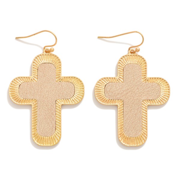 Vegan Leather Gold Tone Cross Shaped Drop Earring 

- Approximately 2" 