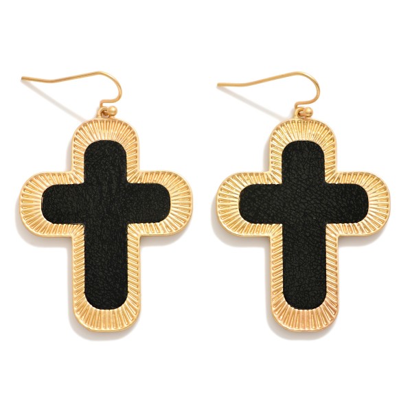 Vegan Leather Gold Tone Cross Shaped Drop Earring 

- Approximately 2" 