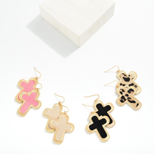 Vegan Leather Gold Tone Cross Shaped Drop Earring 
- Approximately 2"