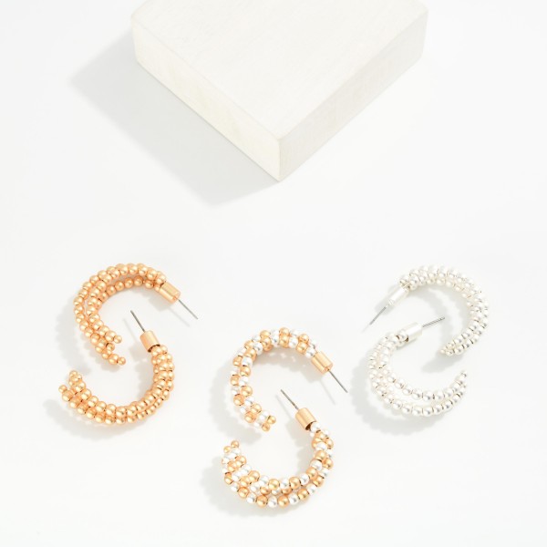 Layered Metal Tone Beaded Hoop Earrings 

- Approximately 1" D