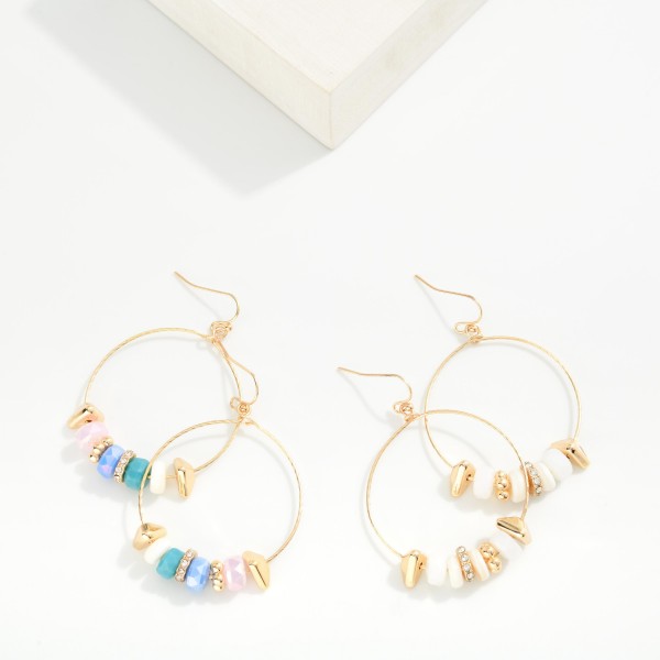 Beaded Hoop Drop Earrings Featuring Metal Tones, Rhinestones, & Disk Beads 

- Approximately 2" L