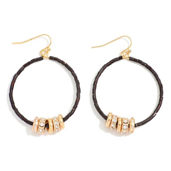 Seed Beaded Hoop Drop Earring Featuring Gold Tone Rhinestone Studded Discs 

- Approximately 2" L 