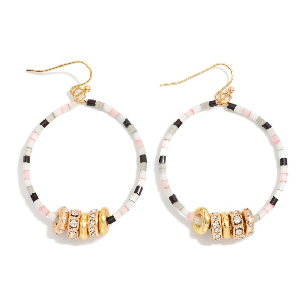 Seed Beaded Hoop Drop Earring Featuring Gold Tone Rhinestone Studded Discs 

- Approximately 2" L 