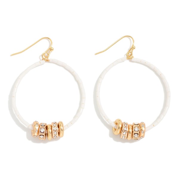 Seed Beaded Hoop Drop Earring Featuring Gold Tone Rhinestone Studded Discs 

- Approximately 2" L 