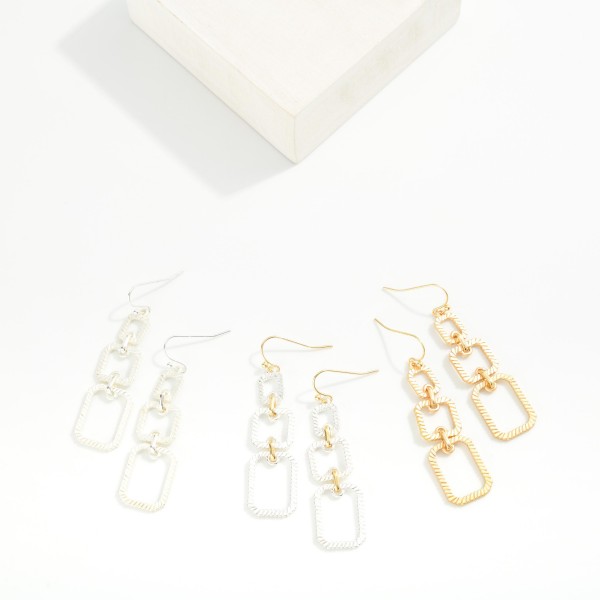 Linked Metal Tone Ribbed Geometric Shape Drop Earrings 

- Approximately 2" L