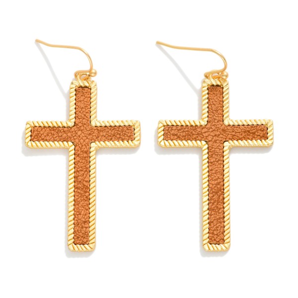 Vegan Leather Cross Drop Earrings With Ribbed Metal Tone Border 

- Approximately 2" L 