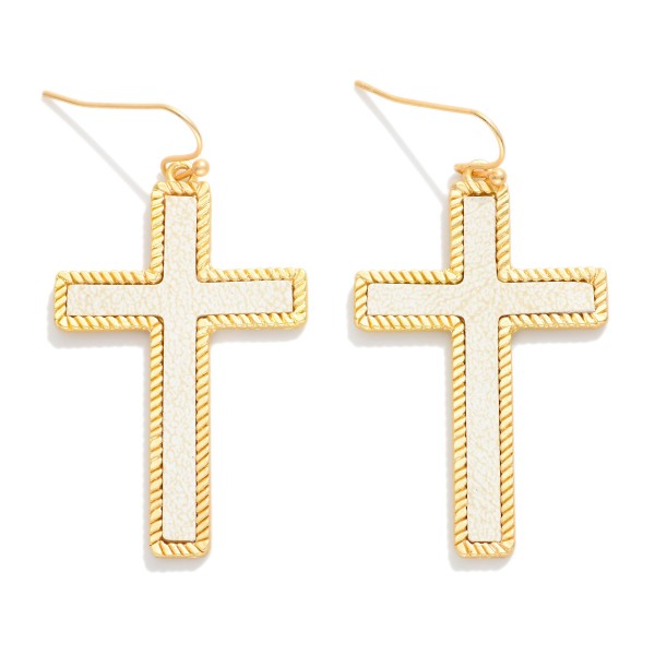 Vegan Leather Cross Drop Earrings With Ribbed Metal Tone Border 

- Approximately 2" L 