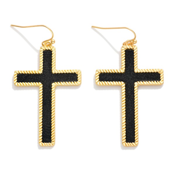 Vegan Leather Cross Drop Earrings With Ribbed Metal Tone Border 

- Approximately 2" L 
