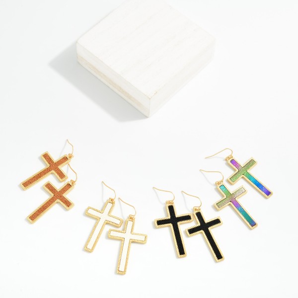 Vegan Leather Cross Drop Earrings With Ribbed Metal Tone Border 

- Approximately 2" L 