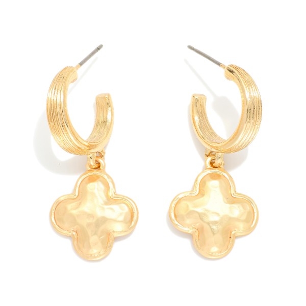 Metal Tone Hoop Drop Earrings Featuring Clover Dangle 

- Approximately 1.25" L