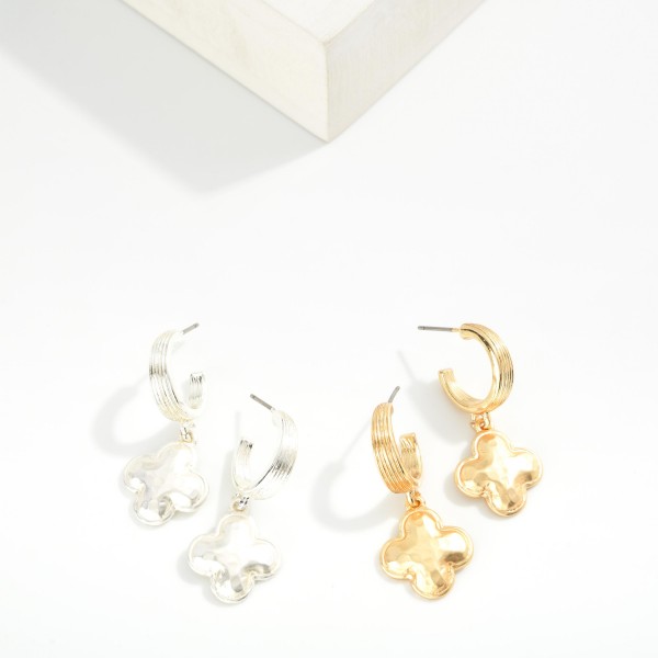 Metal Tone Hoop Drop Earrings Featuring Clover Dangle 

- Approximately 1.25" L