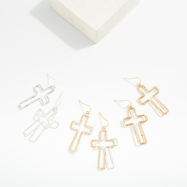 Layered Hammered Metal Hollow Cross Drop Earrings 

- Approximately 1.75" L