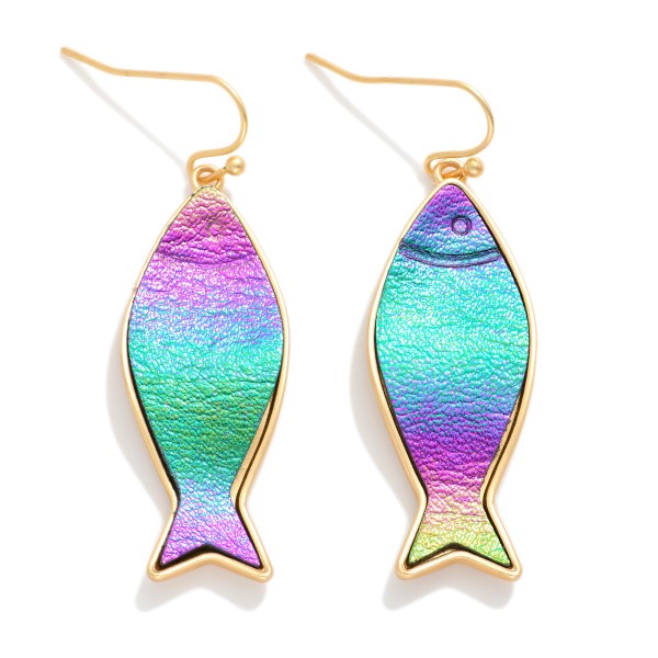 Vegan Leather Gold Tone Fish Shaped Drop Earring 

- Approximately 2" L 