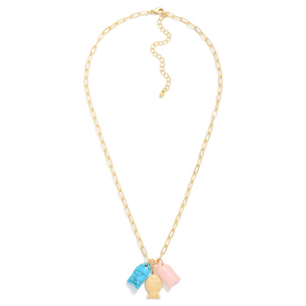 Matte Paperclip Chain Link Necklace Featuring Stone & Metal Tone Fish Charms 

- Approximately 16" L
- Extender 3" L