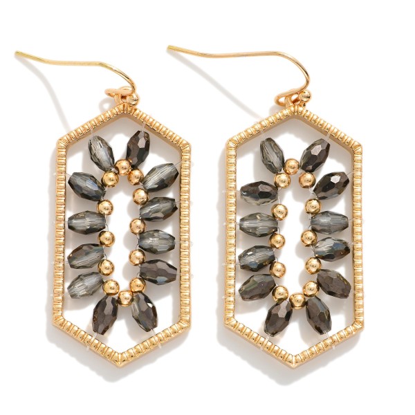Metal Tone Hexagonal Shaped Drop Earrings Featuring Faceted beads & Gold Tone Beads In A symmetrical Pattern 

- Approximately 2" L 