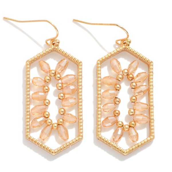 Metal Tone Hexagonal Shaped Drop Earrings Featuring Faceted beads & Gold Tone Beads In A symmetrical Pattern 

- Approximately 2" L 