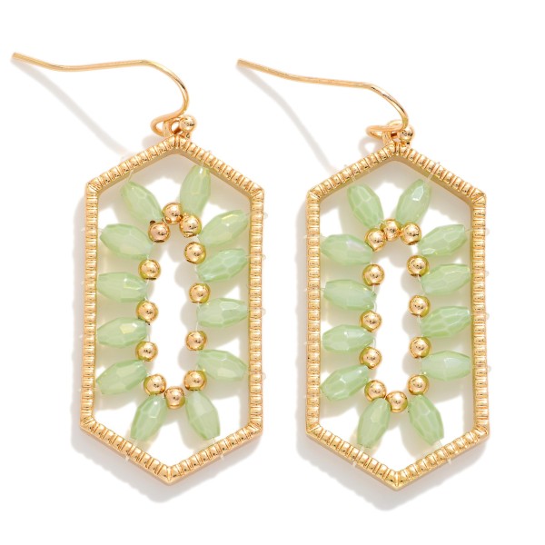 Metal Tone Hexagonal Shaped Drop Earrings Featuring Faceted beads & Gold Tone Beads In A symmetrical Pattern 

- Approximately 2" L 