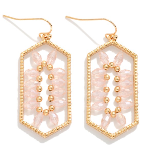 Metal Tone Hexagonal Shaped Drop Earrings Featuring Faceted beads & Gold Tone Beads In A symmetrical Pattern 

- Approximately 2" L 