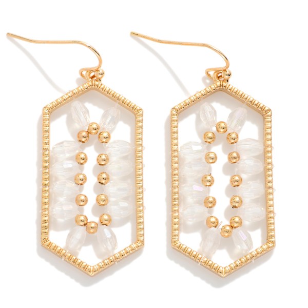 Metal Tone Hexagonal Shaped Drop Earrings Featuring Faceted beads & Gold Tone Beads In A symmetrical Pattern 

- Approximately 2" L 